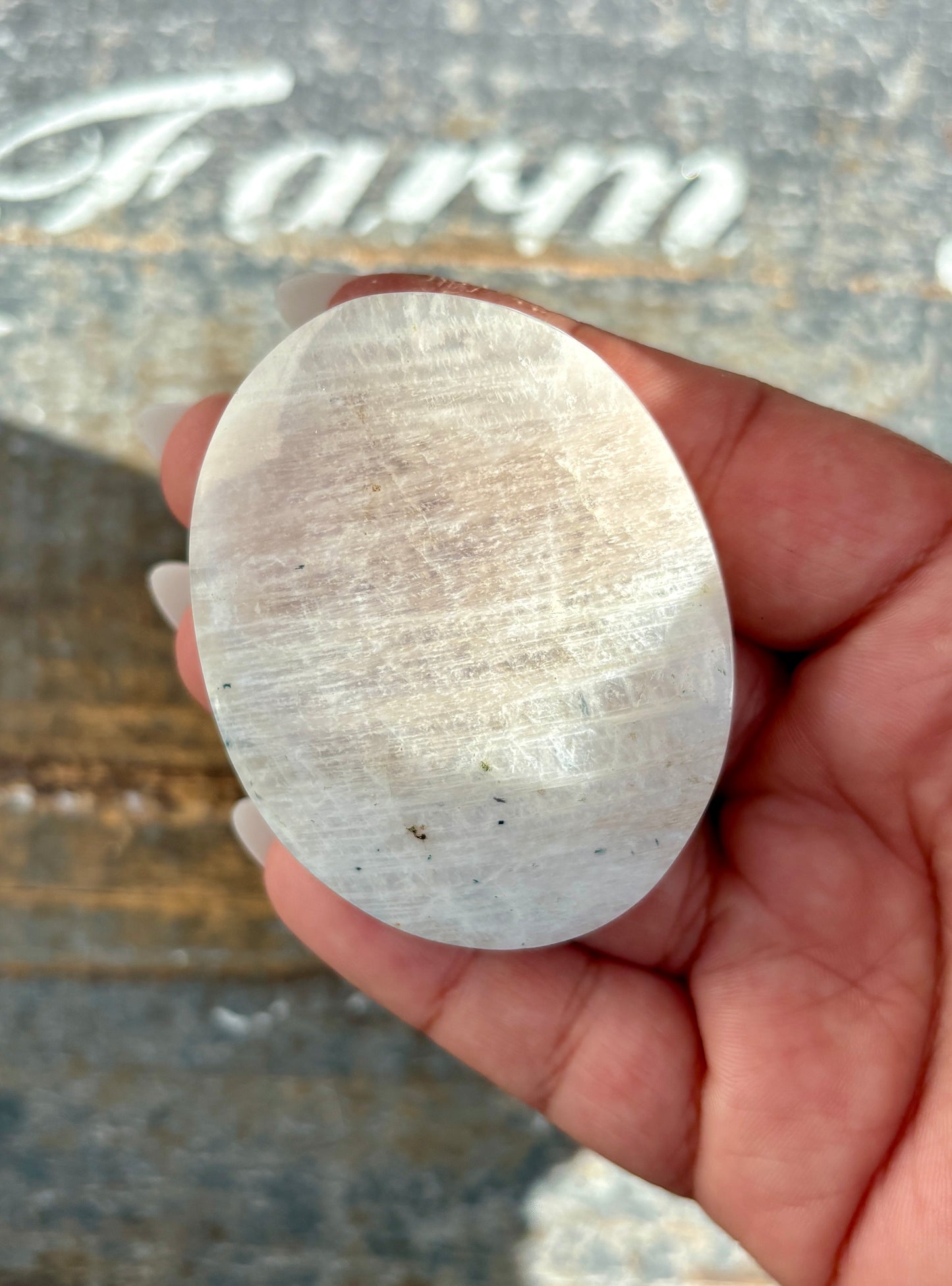 Gorgeous White Moonstone Palm Stone with Blue Flash | Opt O