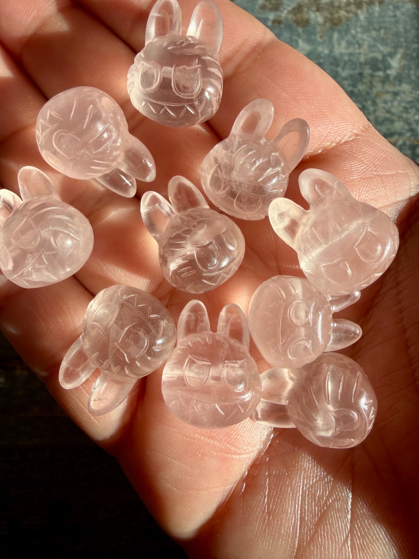 One (1) Ice Rose Quartz Labubu Head Pendant