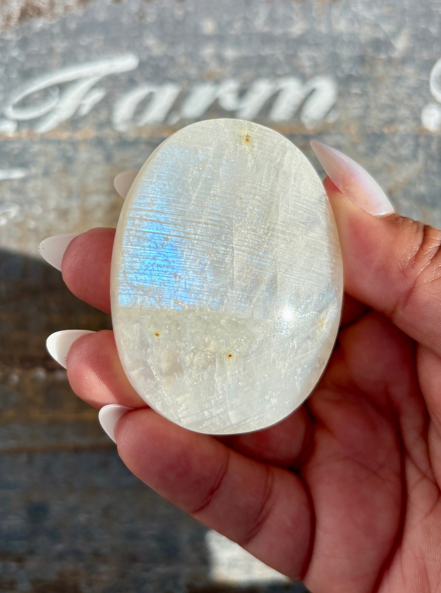 Gorgeous White Moonstone Palm Stone with Blue Flash | Opt R