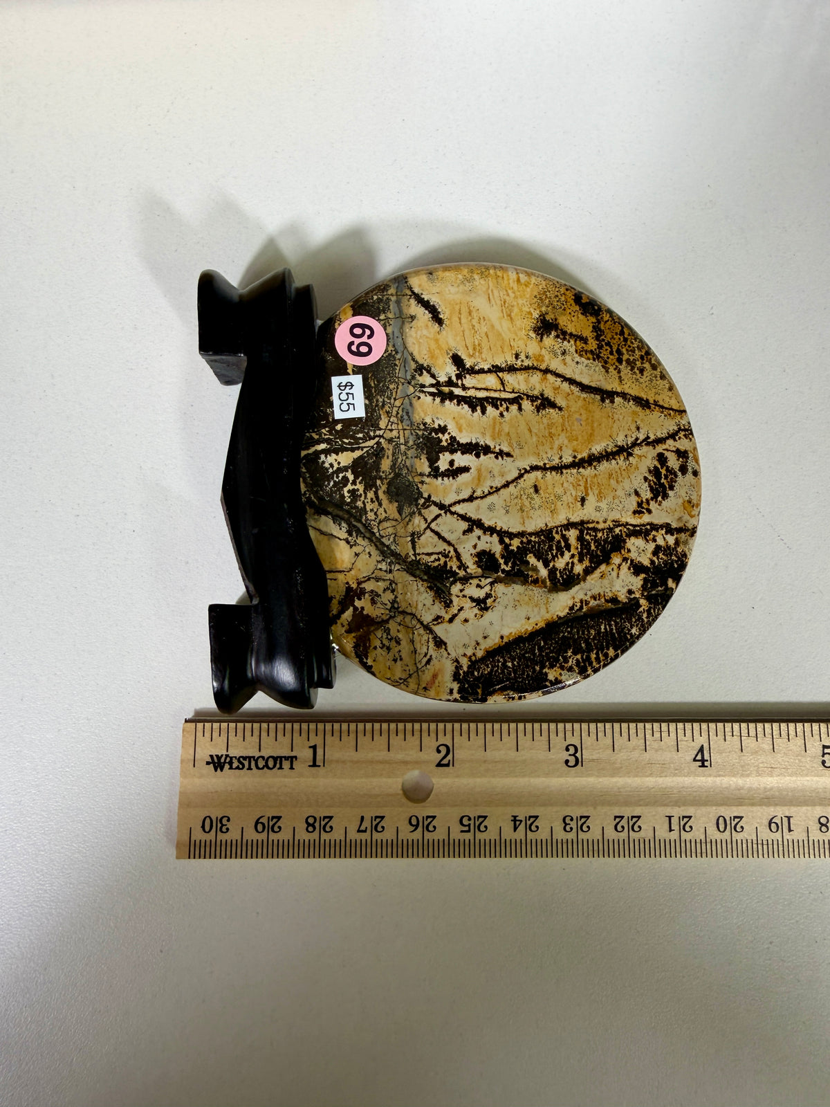 Gorgeous Picture Jasper Polished Round Display Plaque with Stand | Opt 69
