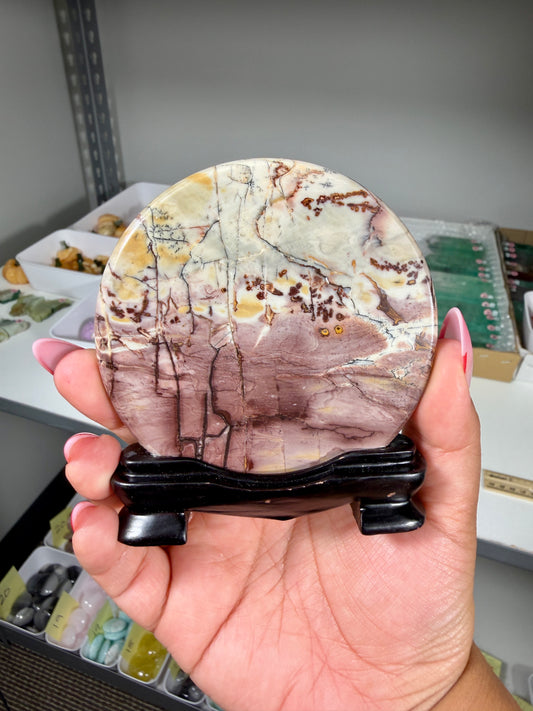 Gorgeous Picture Jasper Polished Round Display Plaque with Stand | Opt 70