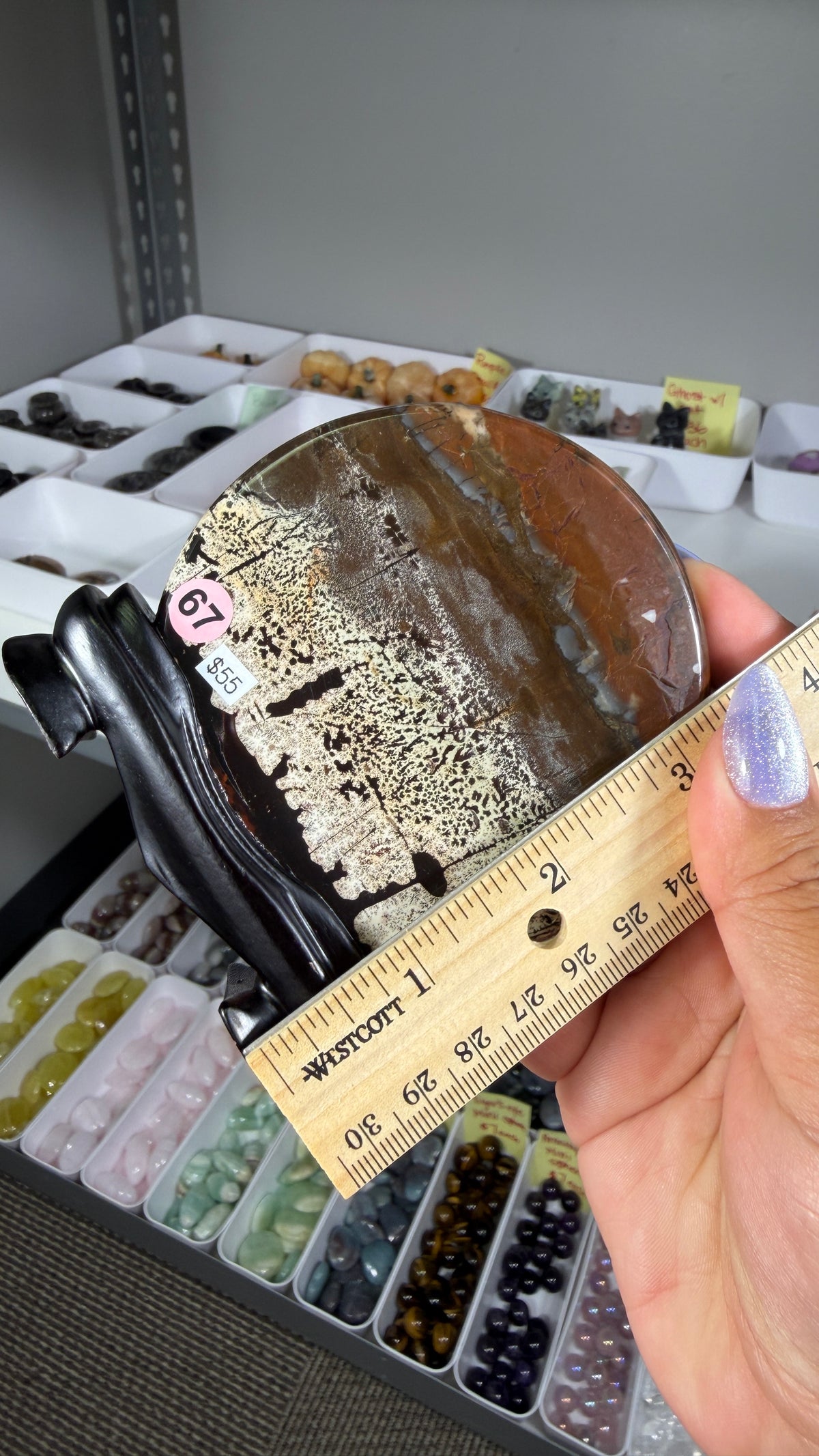 Gorgeous Picture Jasper Polished Round Display Plaque with Stand | Opt 67
