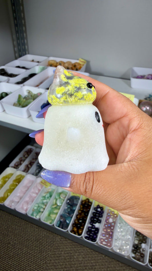 Adorable Ghost with Yellow/Gray Jasper Kitty | Opt 12