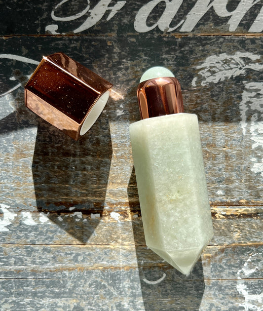 Beautiful Green Aventurine perfume Roller Bottle with Rose Gold Top! Comes with bottle brush and box!