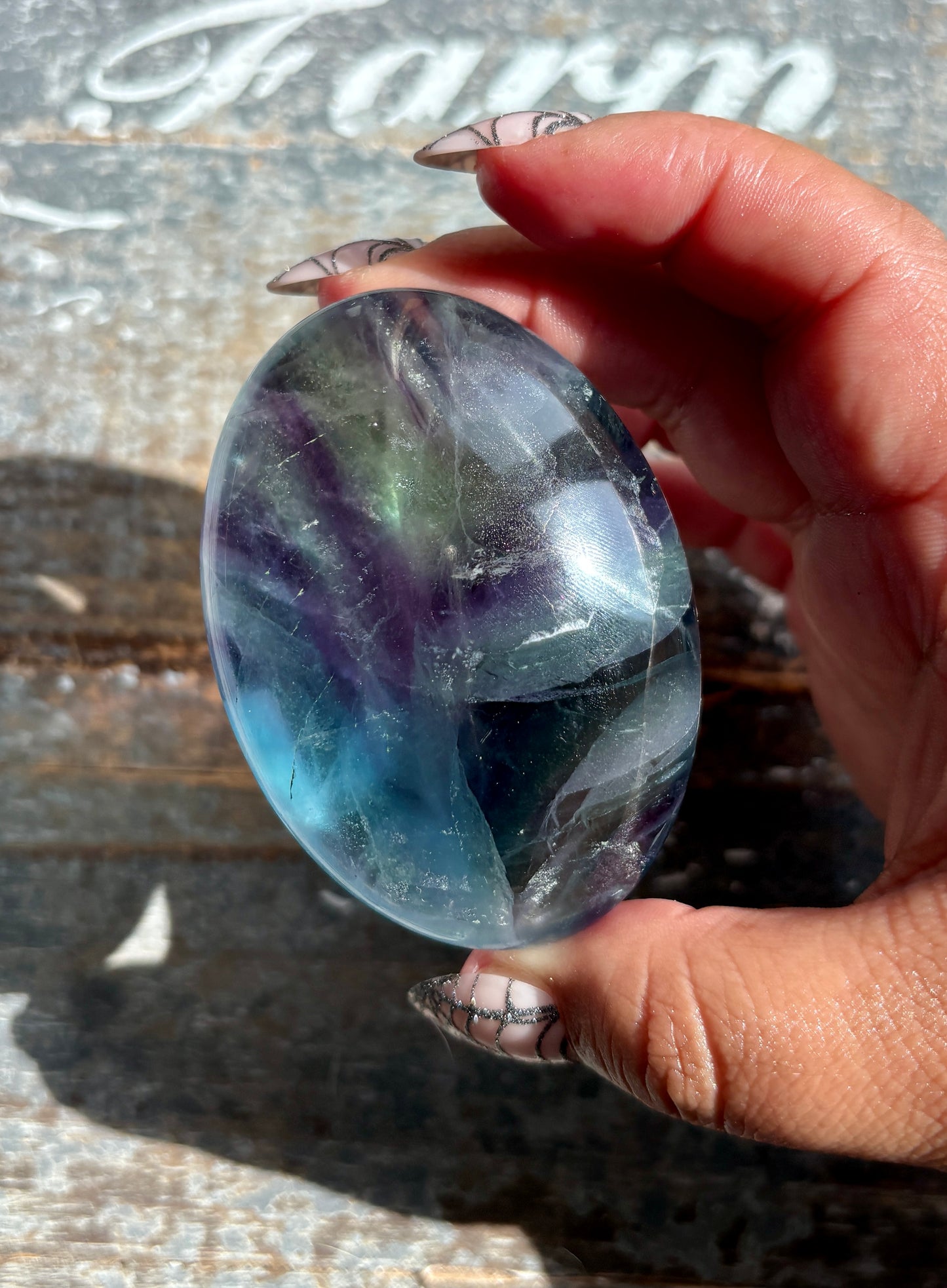 Gorgeous High Quality Rainbow Fluorite Palm Stone | Opt G