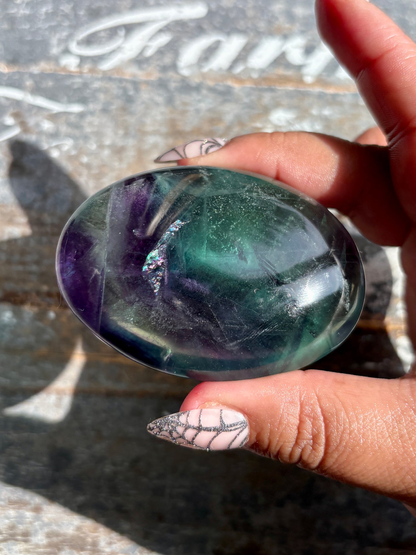 Gorgeous High Quality Rainbow Fluorite Palm Stone | Opt F