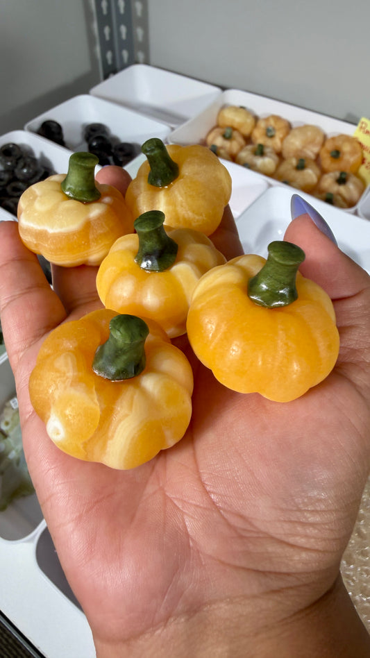 One (1) Mini Orange Calcite Pumpkin (Serpentine Stem)
