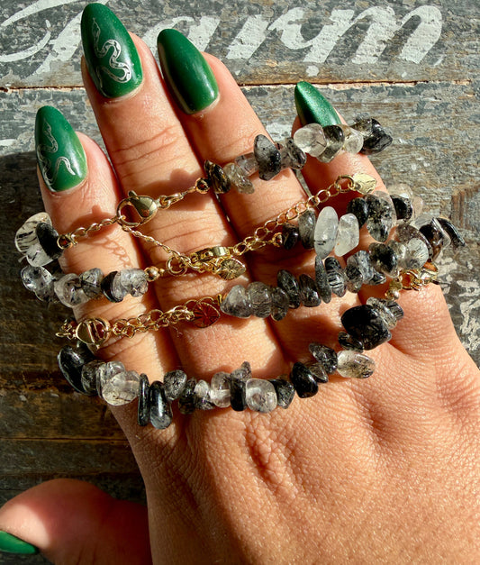 One (1) Adjustable Tourmaline in Quartz Chip Bracelet | 6-8mm