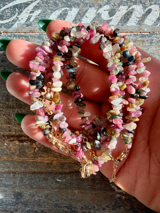 One (1) Adjustable Watermelon Tourmaline Chip Bracelet | 3-5mm