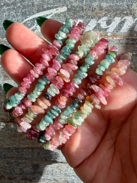 One (1) Watermelon Tourmaline Chip Bracelet | Wrist Size: 6" | 6-8mm