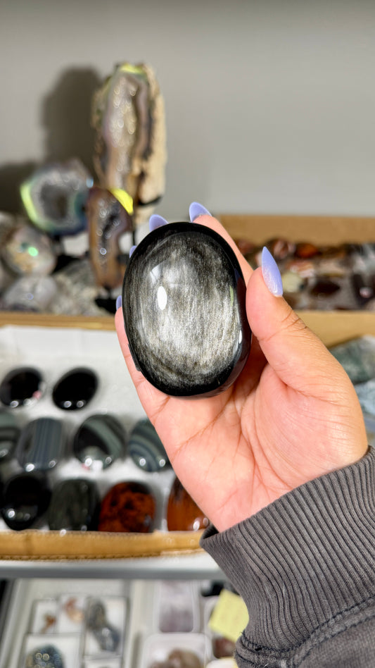 Gorgeous Silver Sheen Obsidian Palm Stone | Opt 76