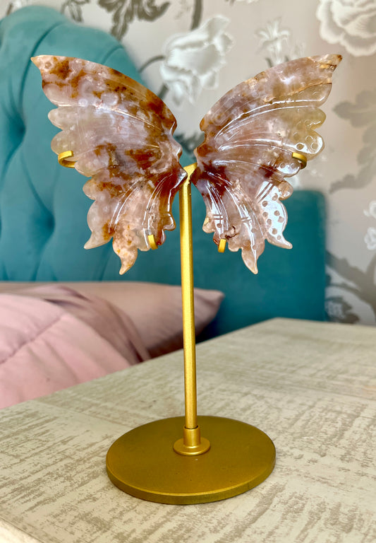 Gorgeous Hand Carved Flower Agate in Quartz Wings on Gold Stand