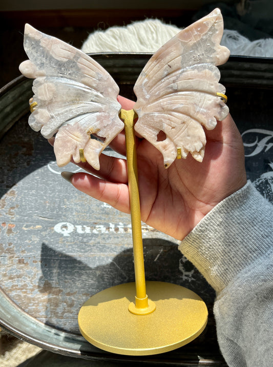 Gorgeous Hand Carved Flower Agate in Quartz Wings on Gold Stand