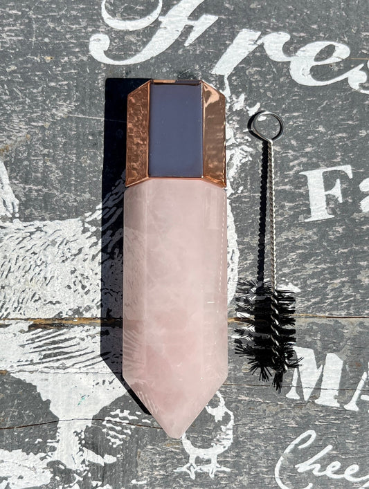 Beautiful Rose Quartz Perfume Roller Bottle with Rose Gold Top, comes with bottle brush and box! Intuitively chosen!