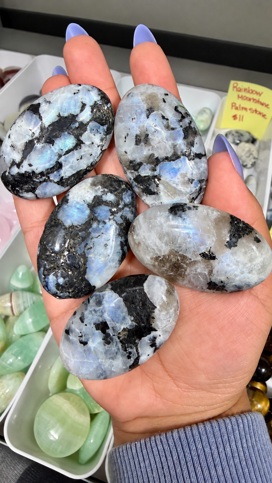 One (1) Gorgeous Rainbow Moonstone Smaller Palm Stone | India | Intuitively Chosen