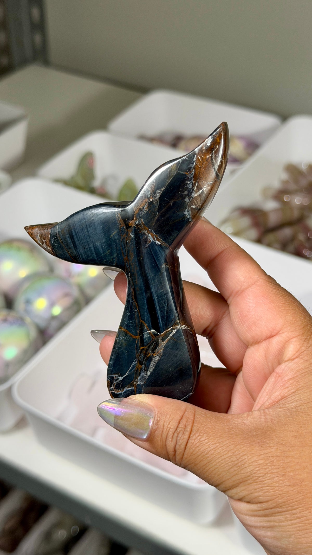 Gorgeous Blue Tigers Eye Whale Tail | Carved in India | Opt 52