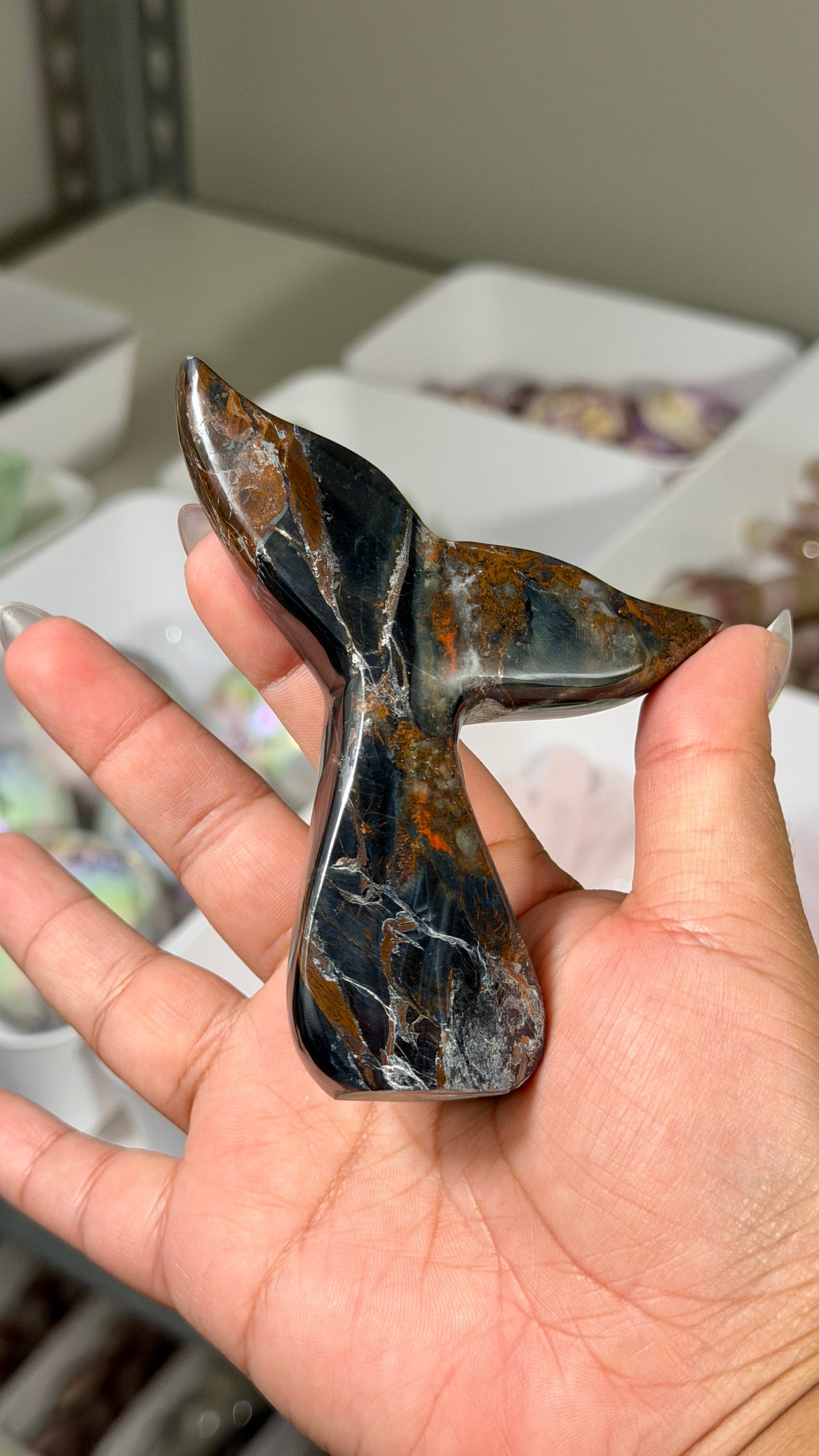 Gorgeous Blue Tigers Eye Whale Tail | Carved in India | Opt 52