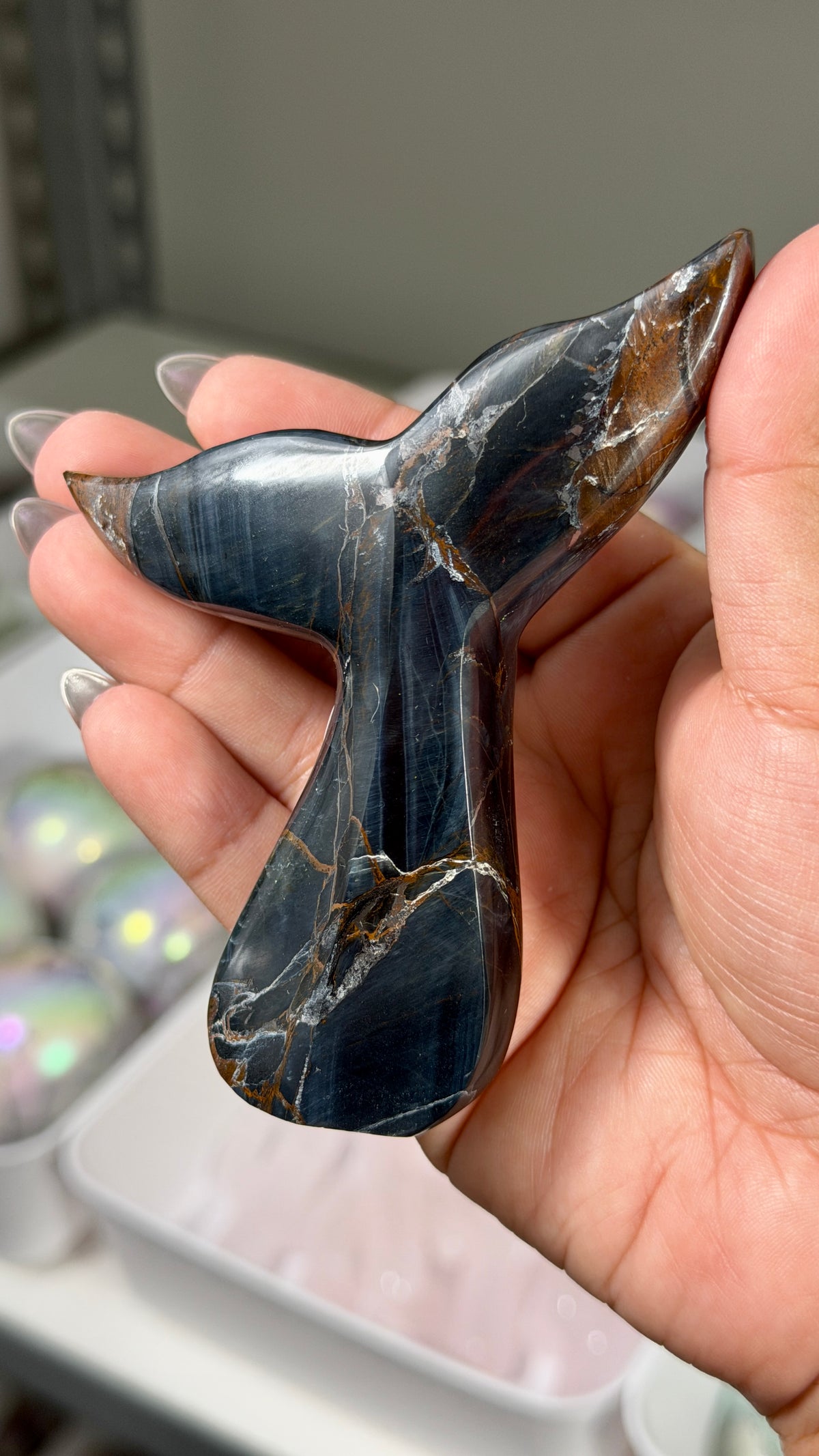 Gorgeous Blue Tigers Eye Whale Tail | Carved in India | Opt 52