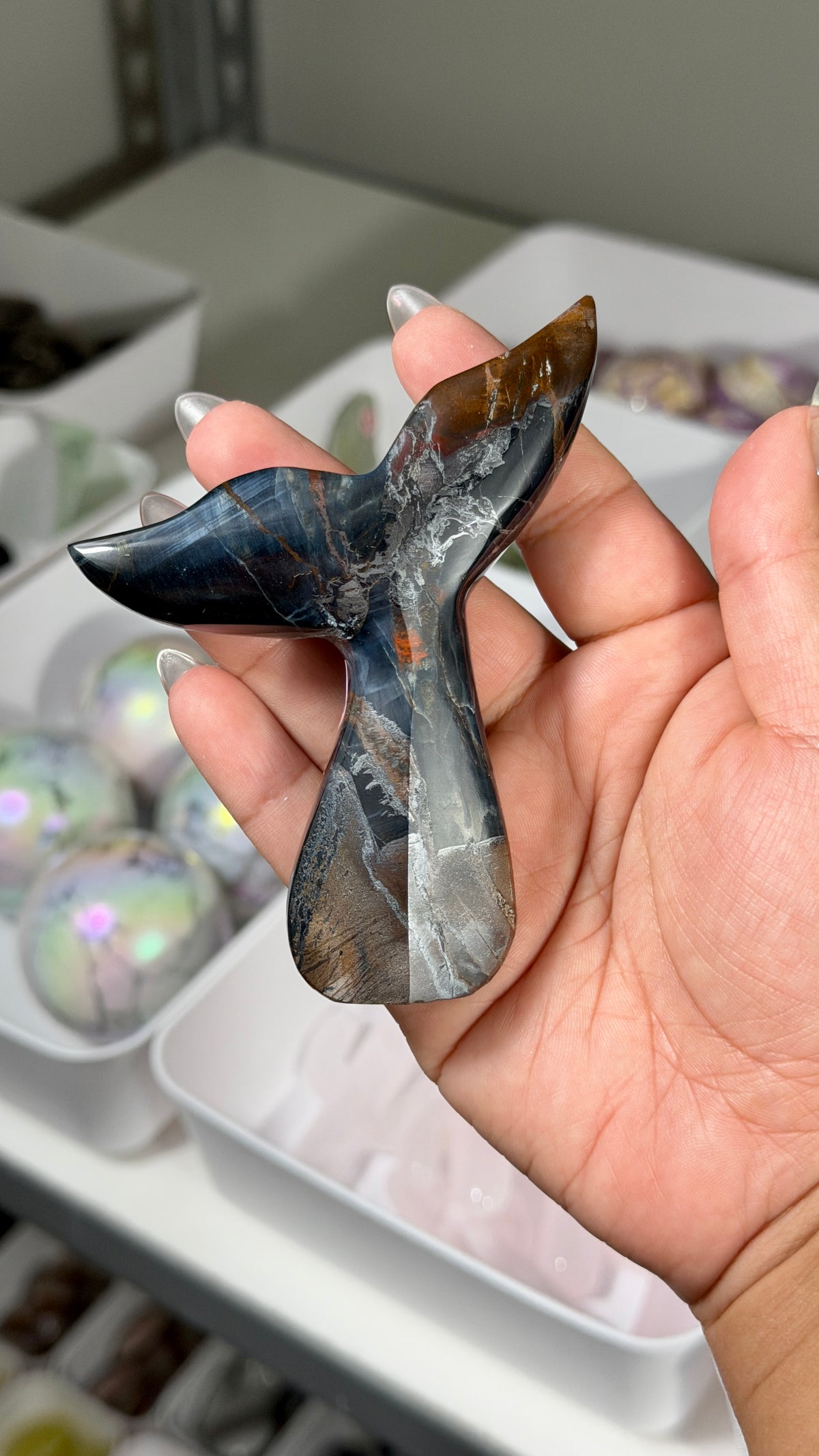Gorgeous Blue Tigers Eye Whale Tail | Carved in India | Opt 54