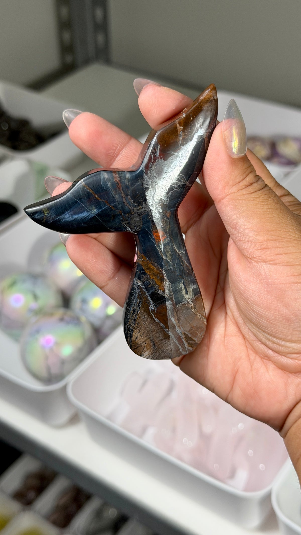 Gorgeous Blue Tigers Eye Whale Tail | Carved in India | Opt 54