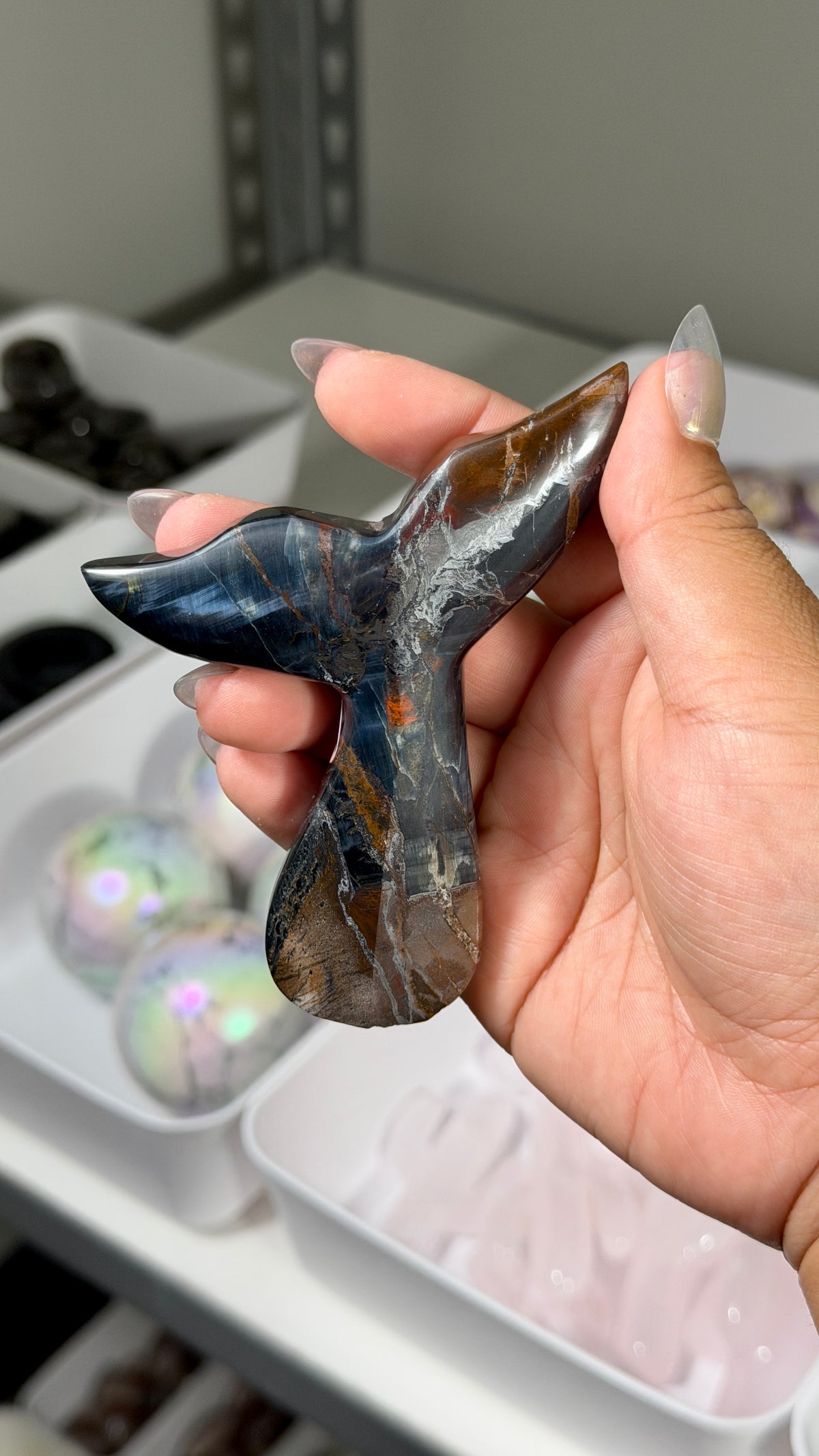 Gorgeous Blue Tigers Eye Whale Tail | Carved in India | Opt 54