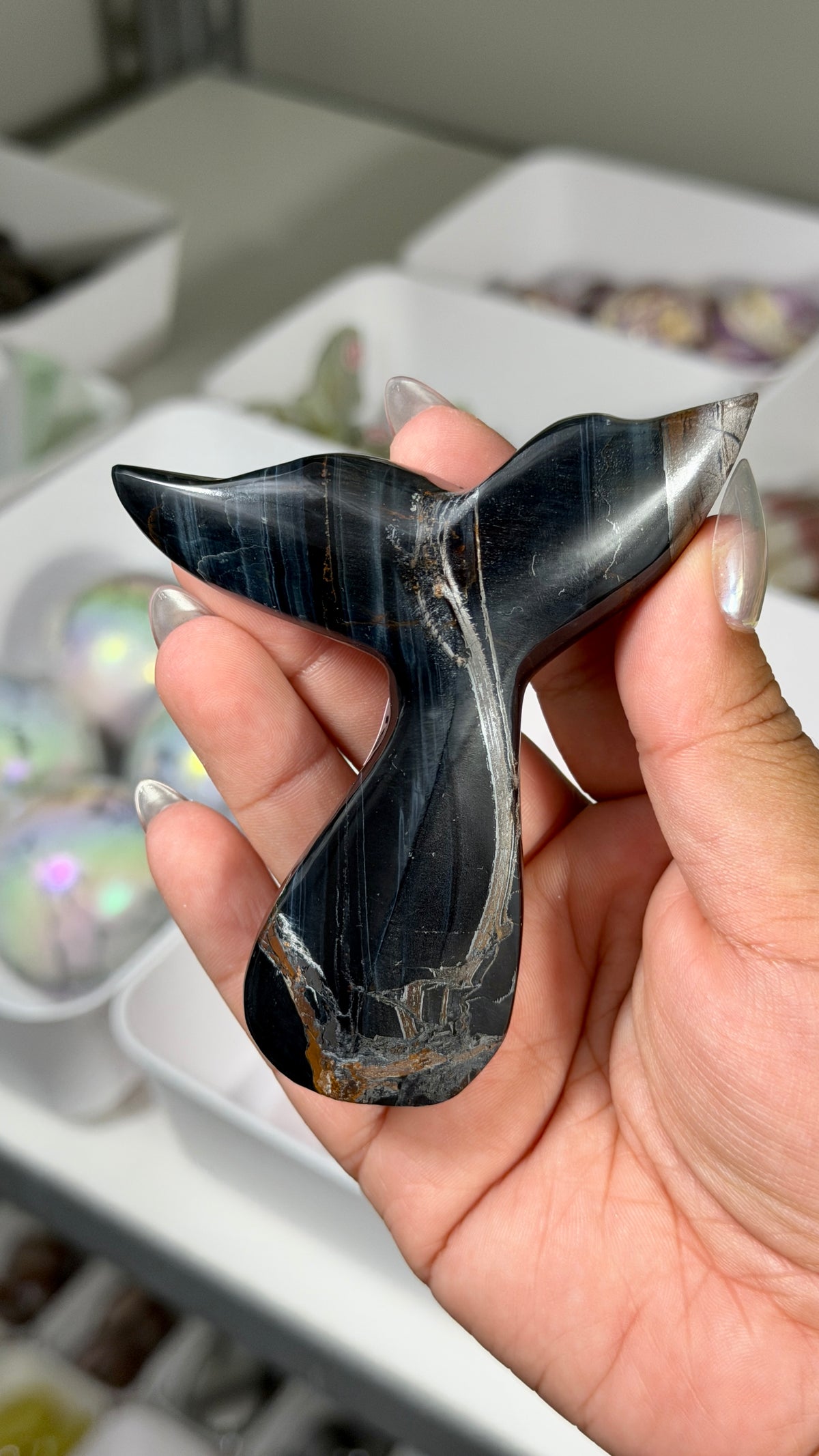 Gorgeous Blue Tigers Eye Whale Tail | Carved in India | Opt 55