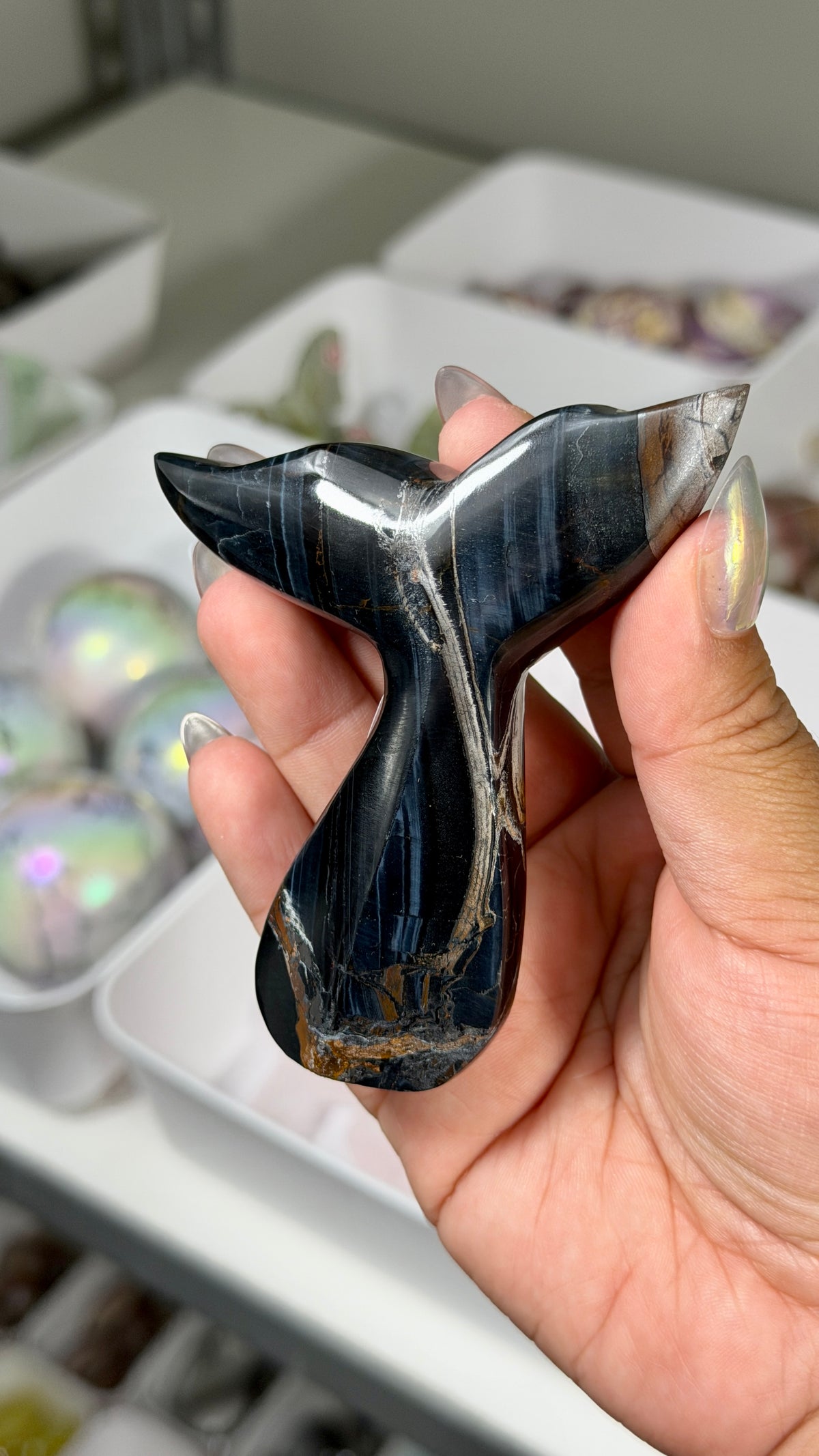 Gorgeous Blue Tigers Eye Whale Tail | Carved in India | Opt 55