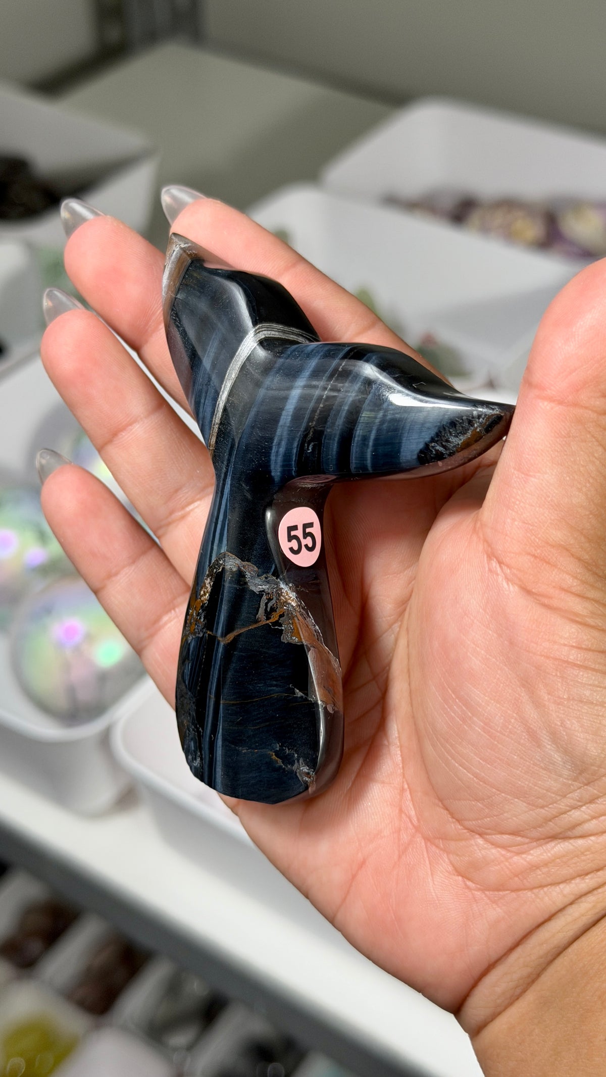 Gorgeous Blue Tigers Eye Whale Tail | Carved in India | Opt 55