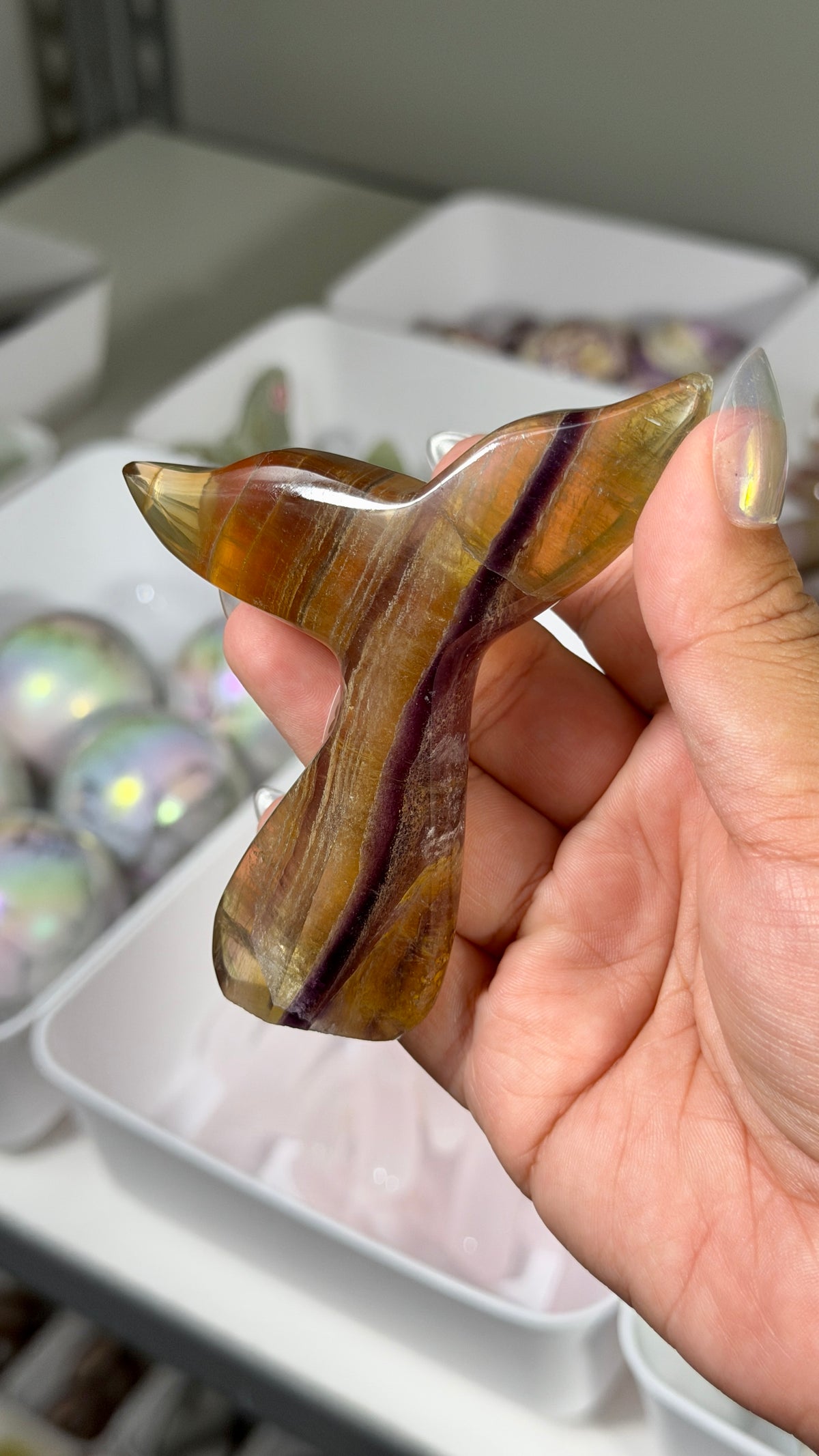 Gorgeous Yellow/Purple Fluorite Whale Tail | Carved in India | Opt 63
