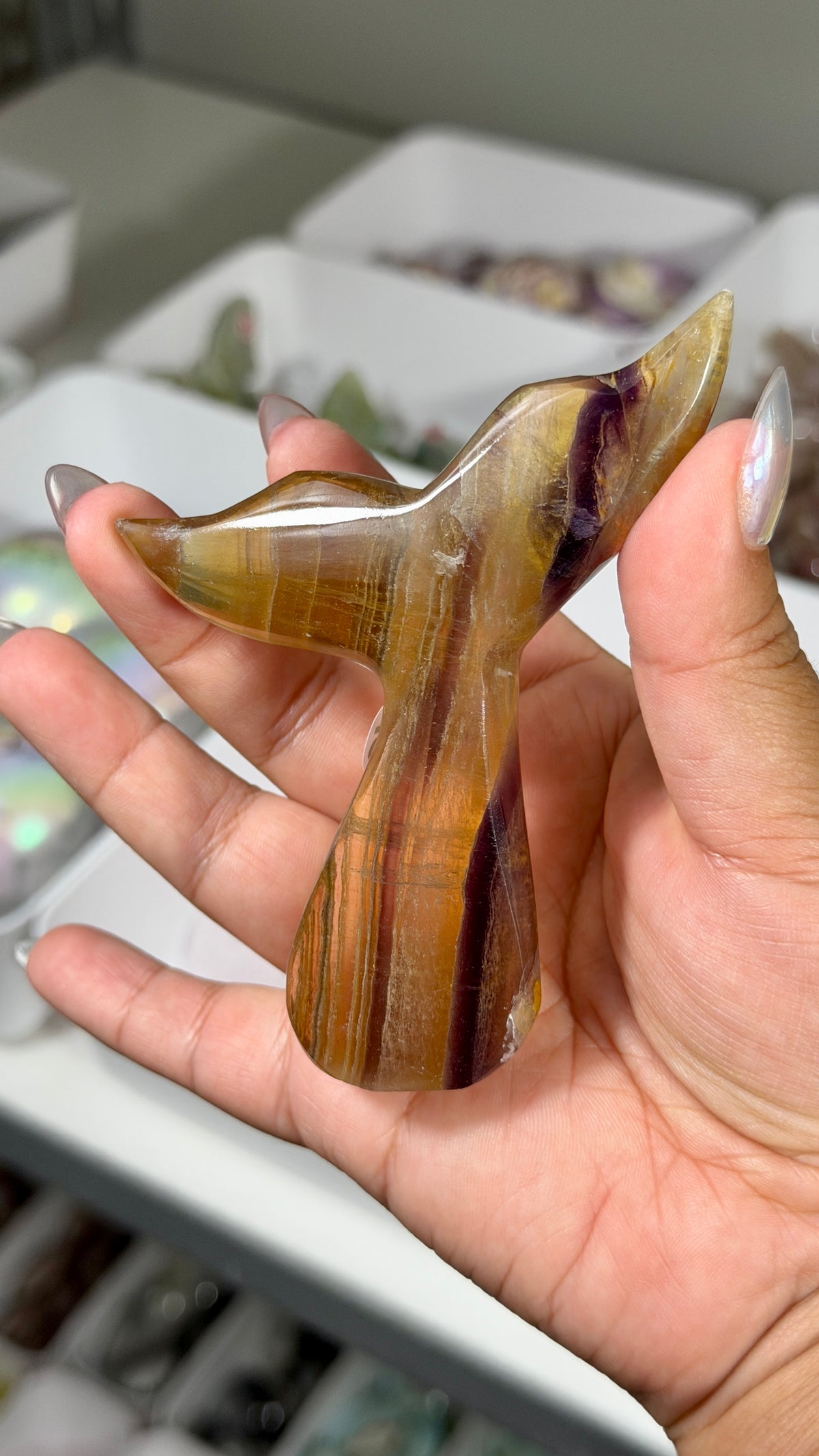 Gorgeous Yellow/Purple Fluorite Whale Tail | Carved in India | Opt 65