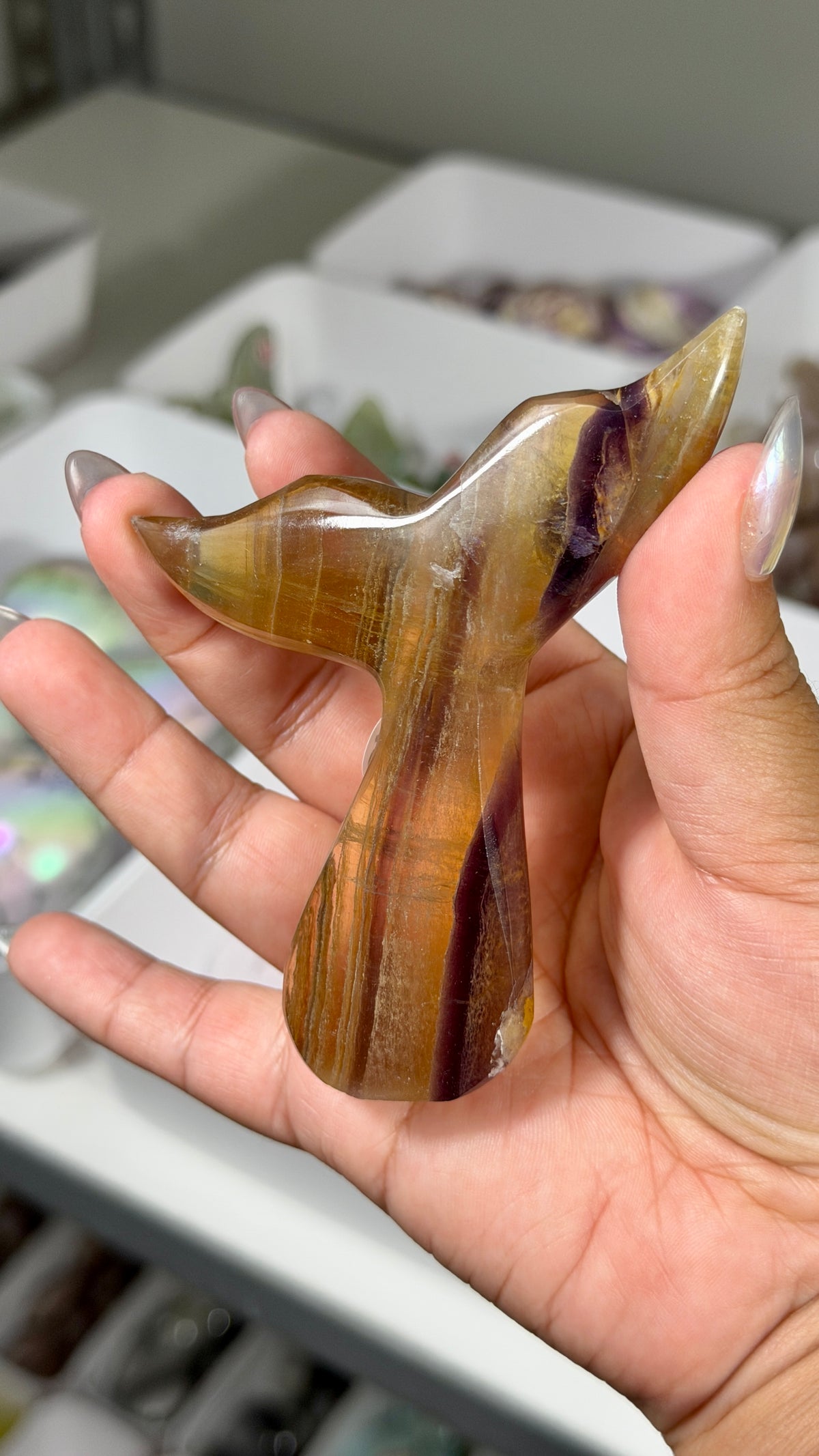 Gorgeous Yellow/Purple Fluorite Whale Tail | Carved in India | Opt 65