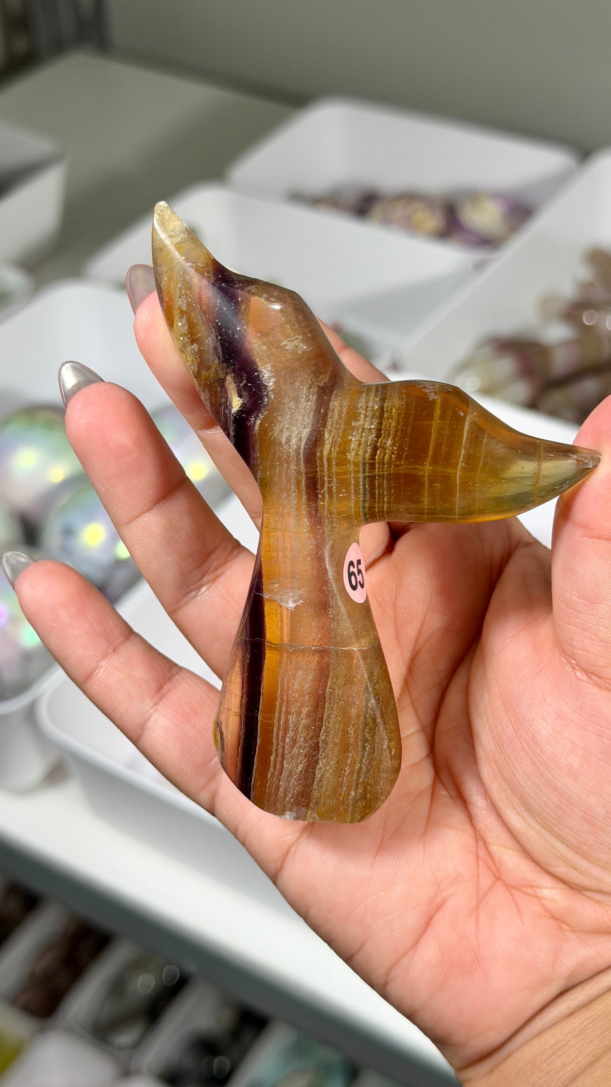 Gorgeous Yellow/Purple Fluorite Whale Tail | Carved in India | Opt 65