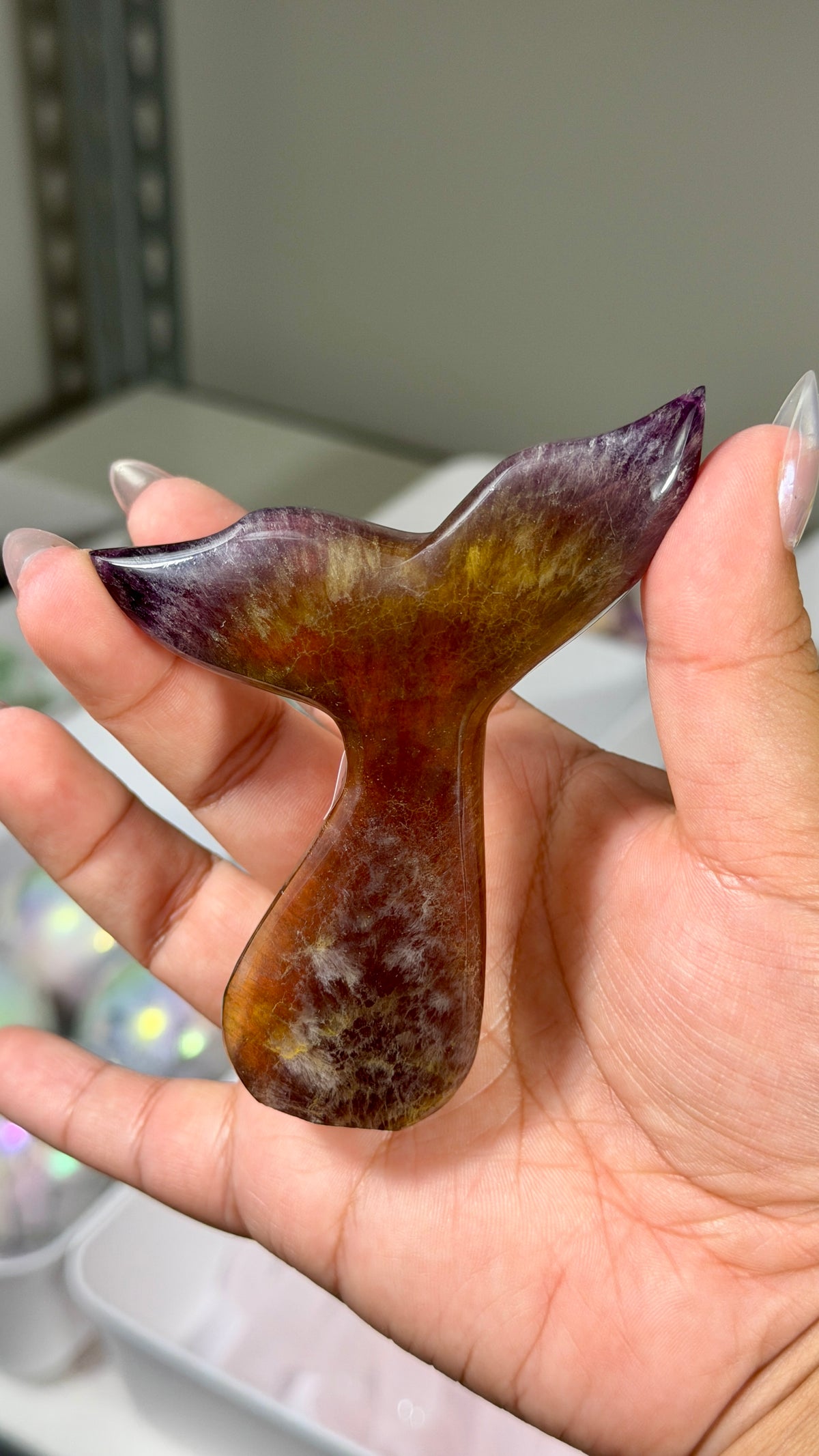 Gorgeous Yellow/Purple Fluorite Whale Tail | Carved in India | Opt 61