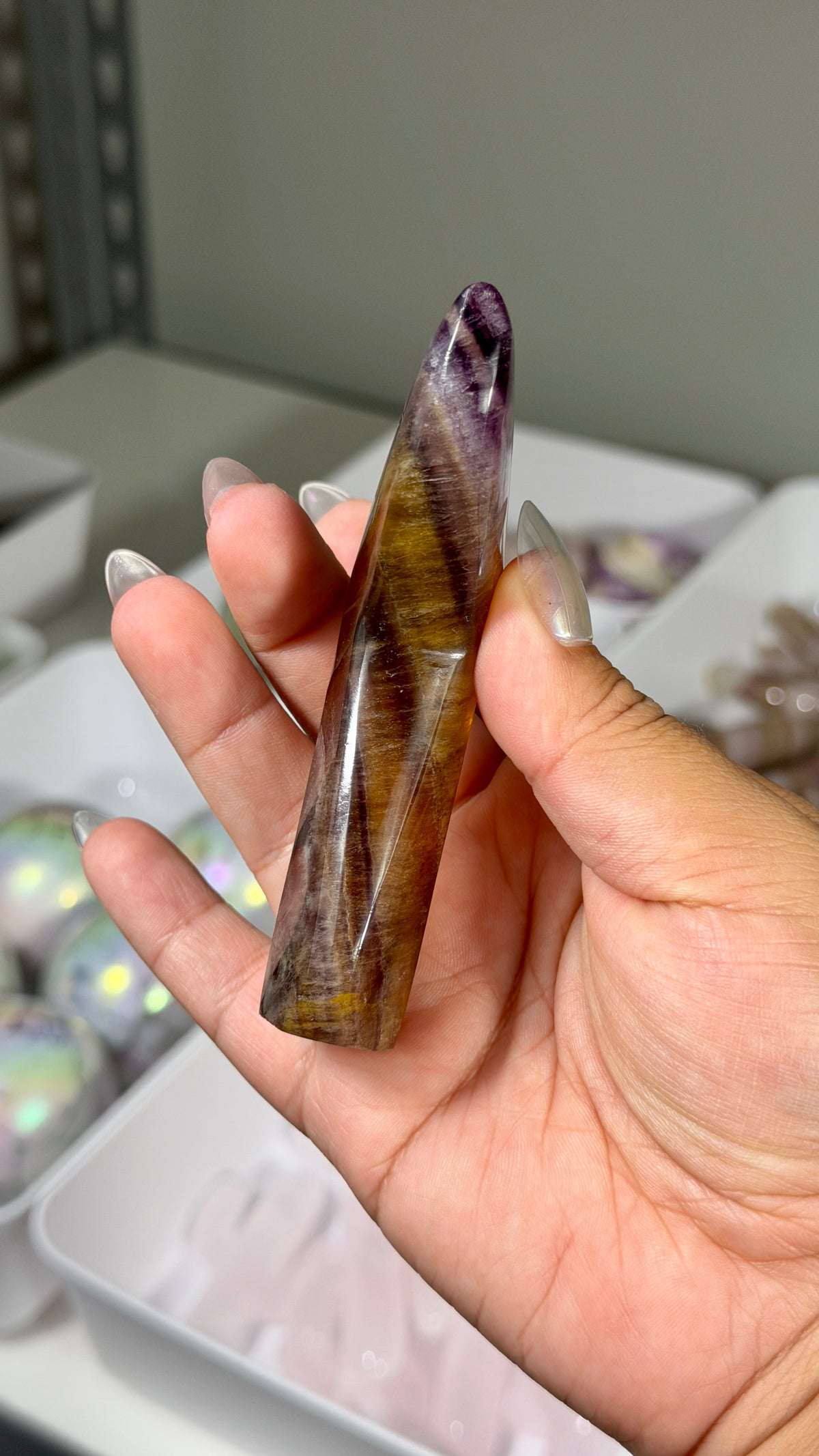 Gorgeous Yellow/Purple Fluorite Whale Tail | Carved in India | Opt 61