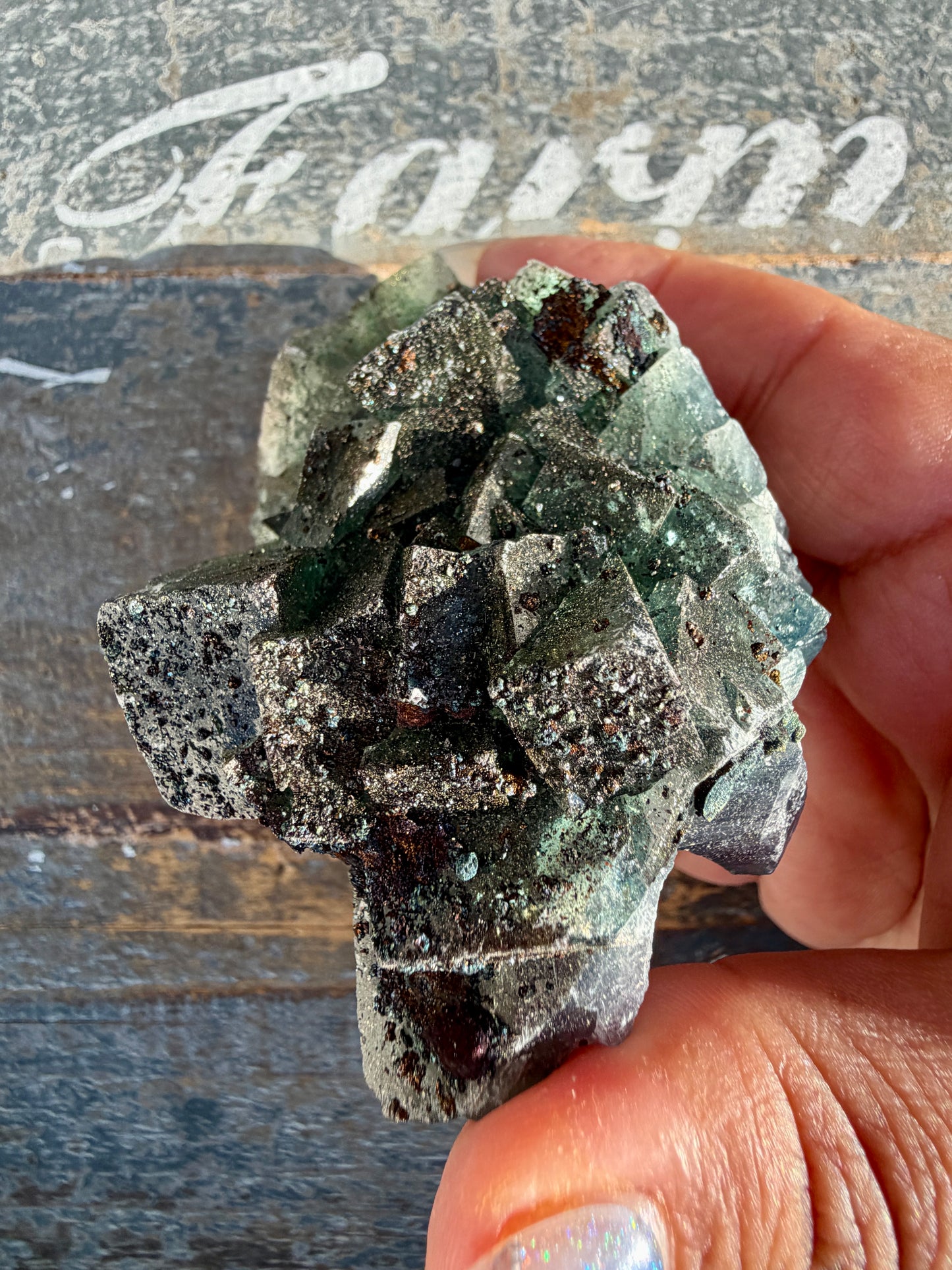 Gorgeous Cubic Dark Blue/Green Fluorite Specimen coated in Pyrite | China | Opt 60