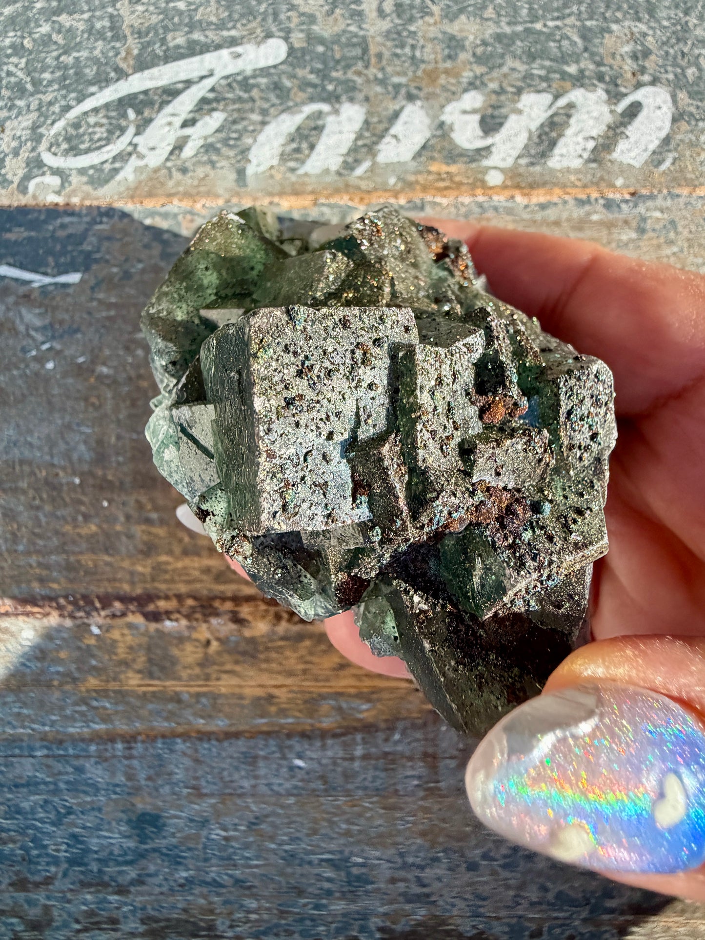 Gorgeous Cubic Dark Blue/Green Fluorite Specimen coated in Pyrite | China | Opt 60
