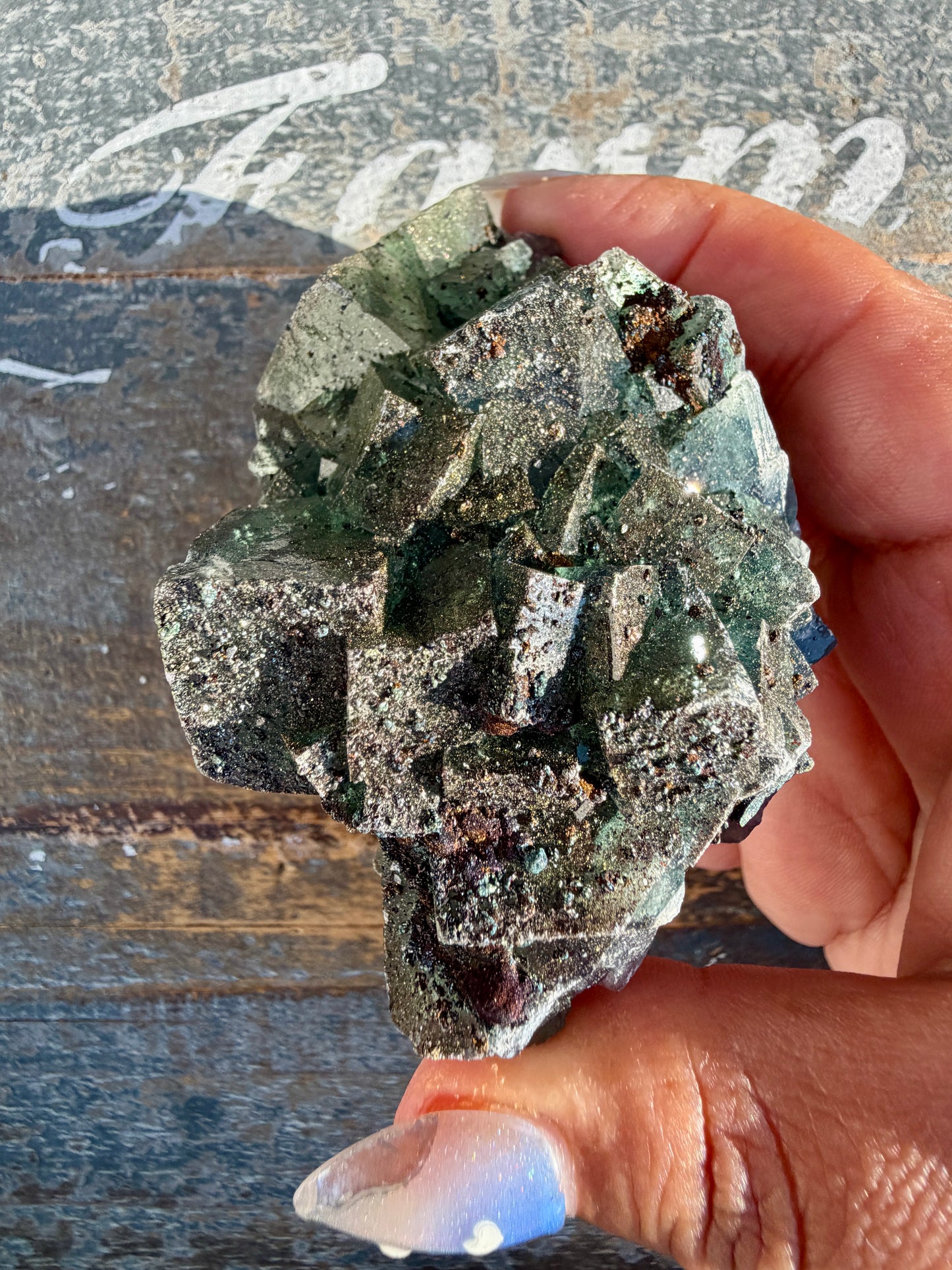 Gorgeous Cubic Dark Blue/Green Fluorite Specimen coated in Pyrite | China | Opt 60