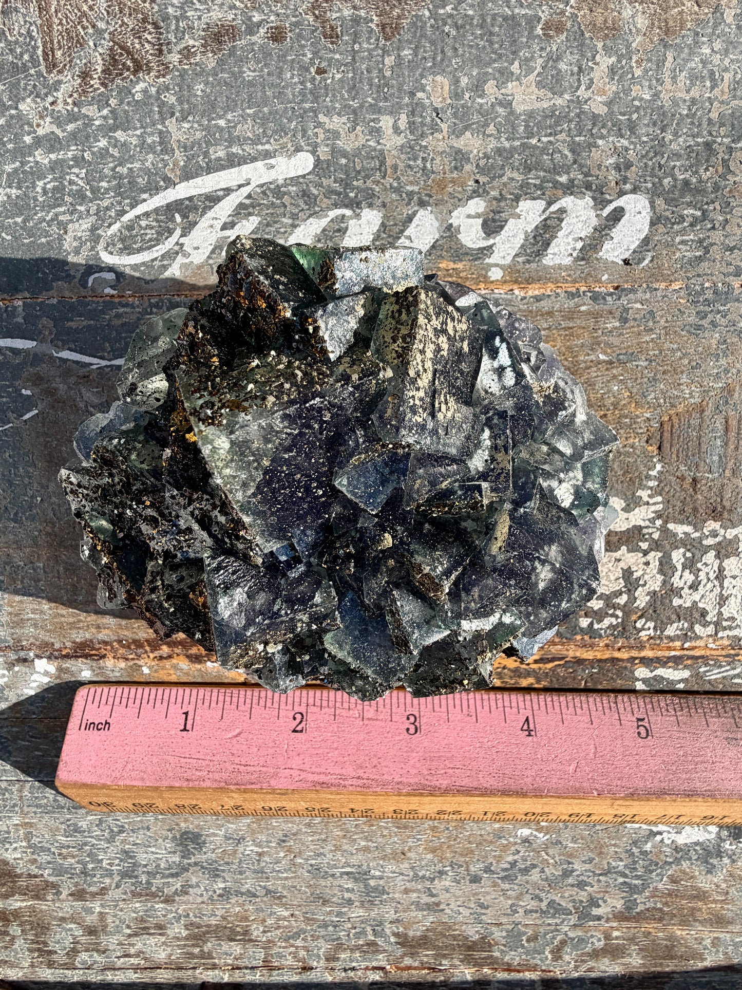 Gorgeous Cubic Dark Blue/Purple Fluorite Specimen coated in Pyrite | China | Opt 45