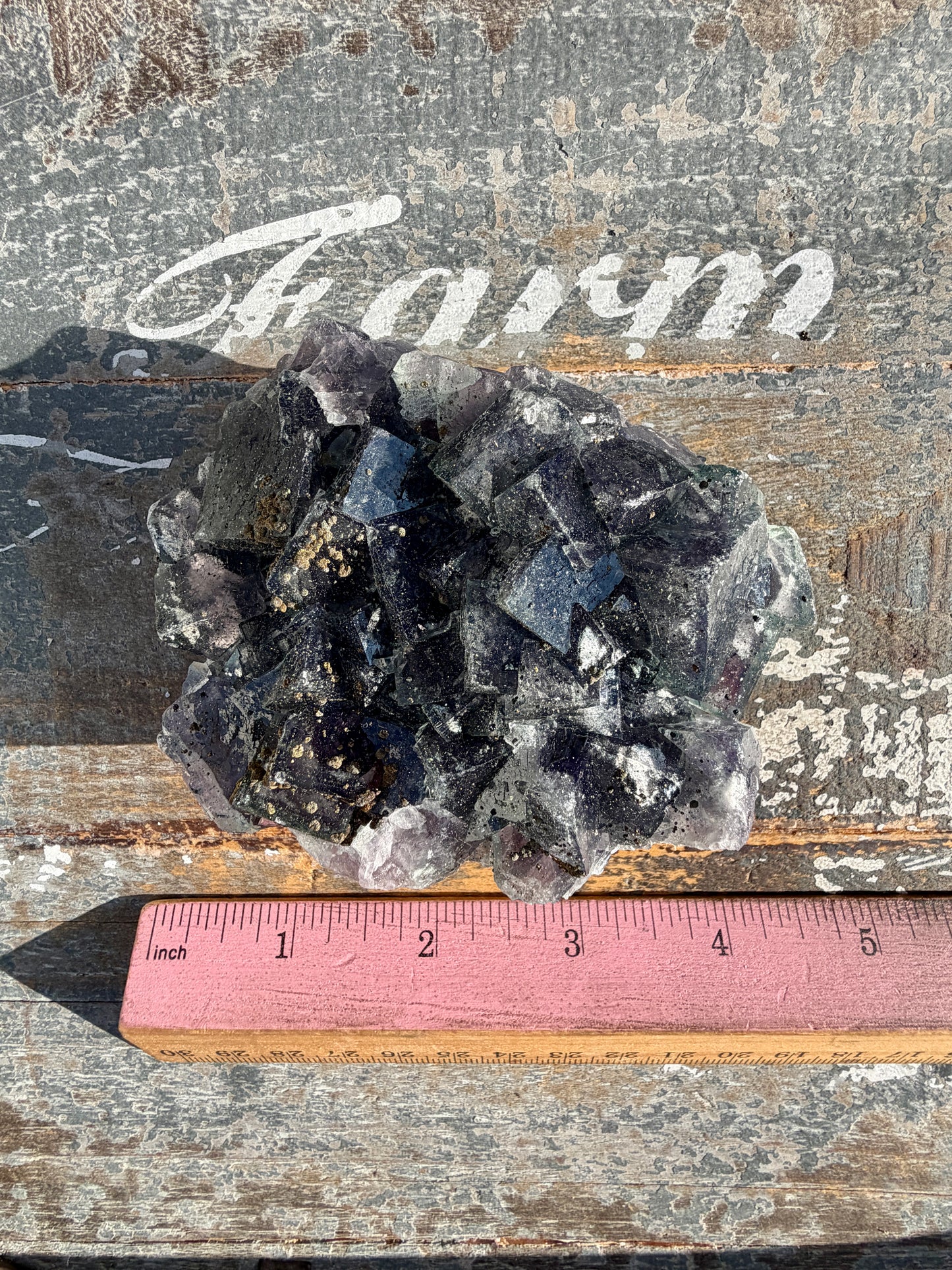 Gorgeous Cubic Dark Blue/Purple Fluorite Specimen coated in Pyrite | China | Opt 46