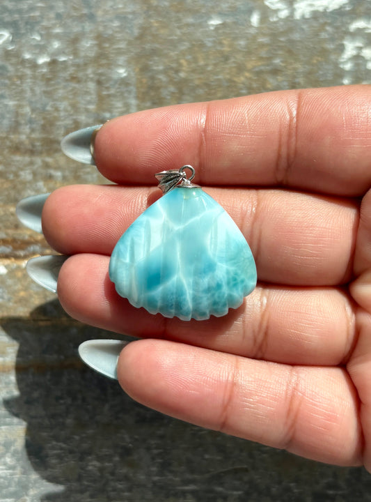 Gorgeous Larimar Hand Carved Shell Pendant from the Dominican Republic | 925 Sterling Silver