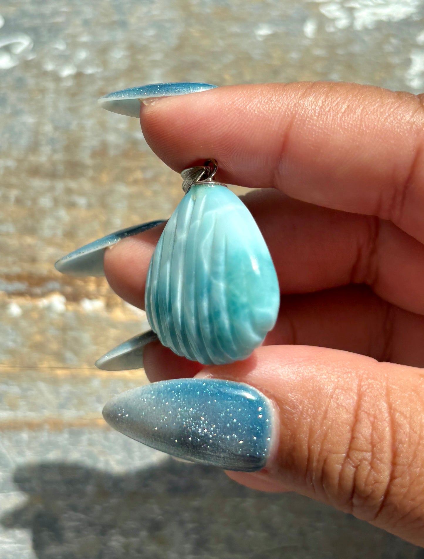 Gorgeous Larimar Hand Carved Shell Pendant from the Dominican Republic | 925 Sterling Silver