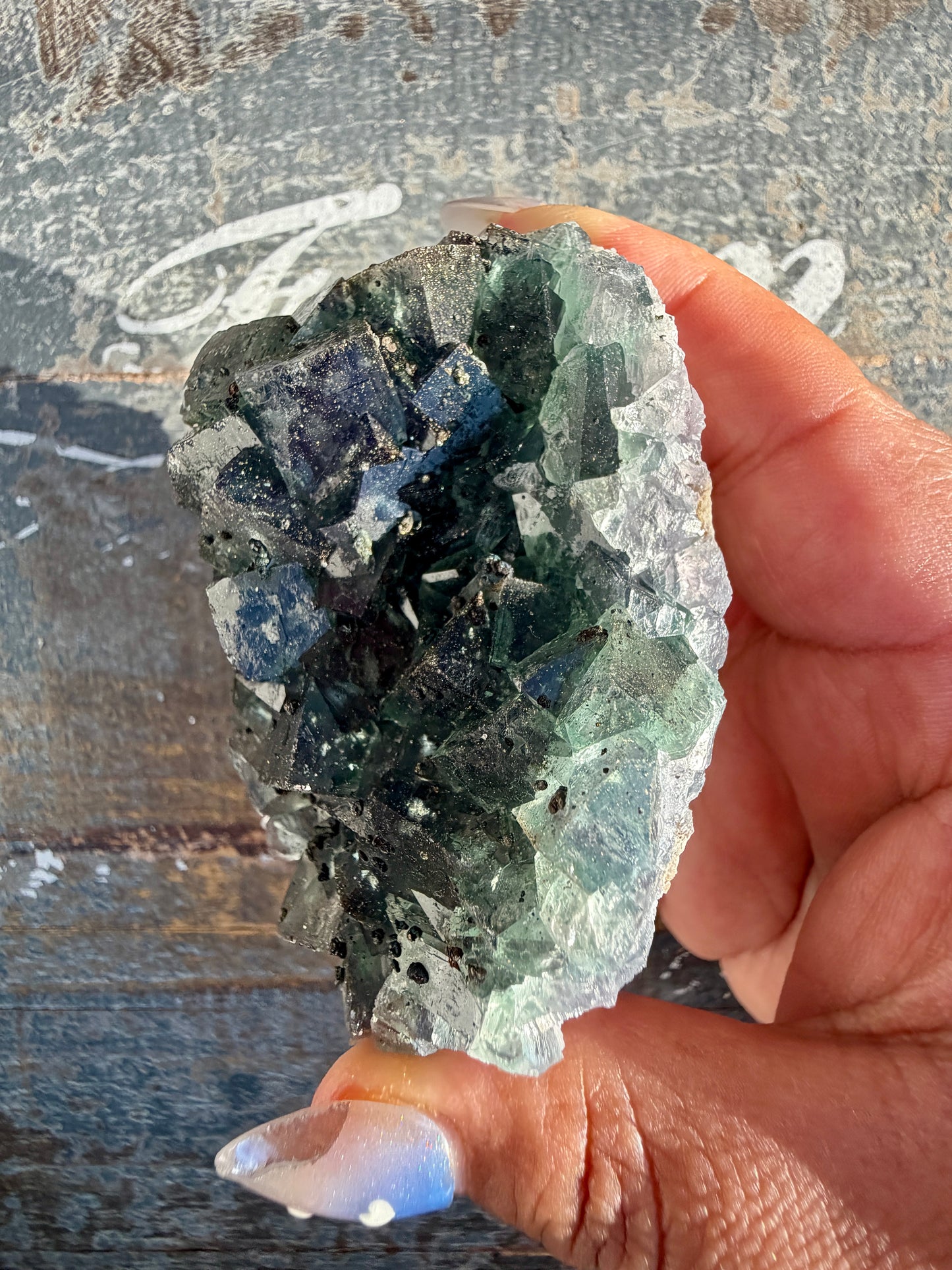 Gorgeous Cubic Dark Blue/Green Fluorite Specimen coated in Pyrite | China | Opt 57