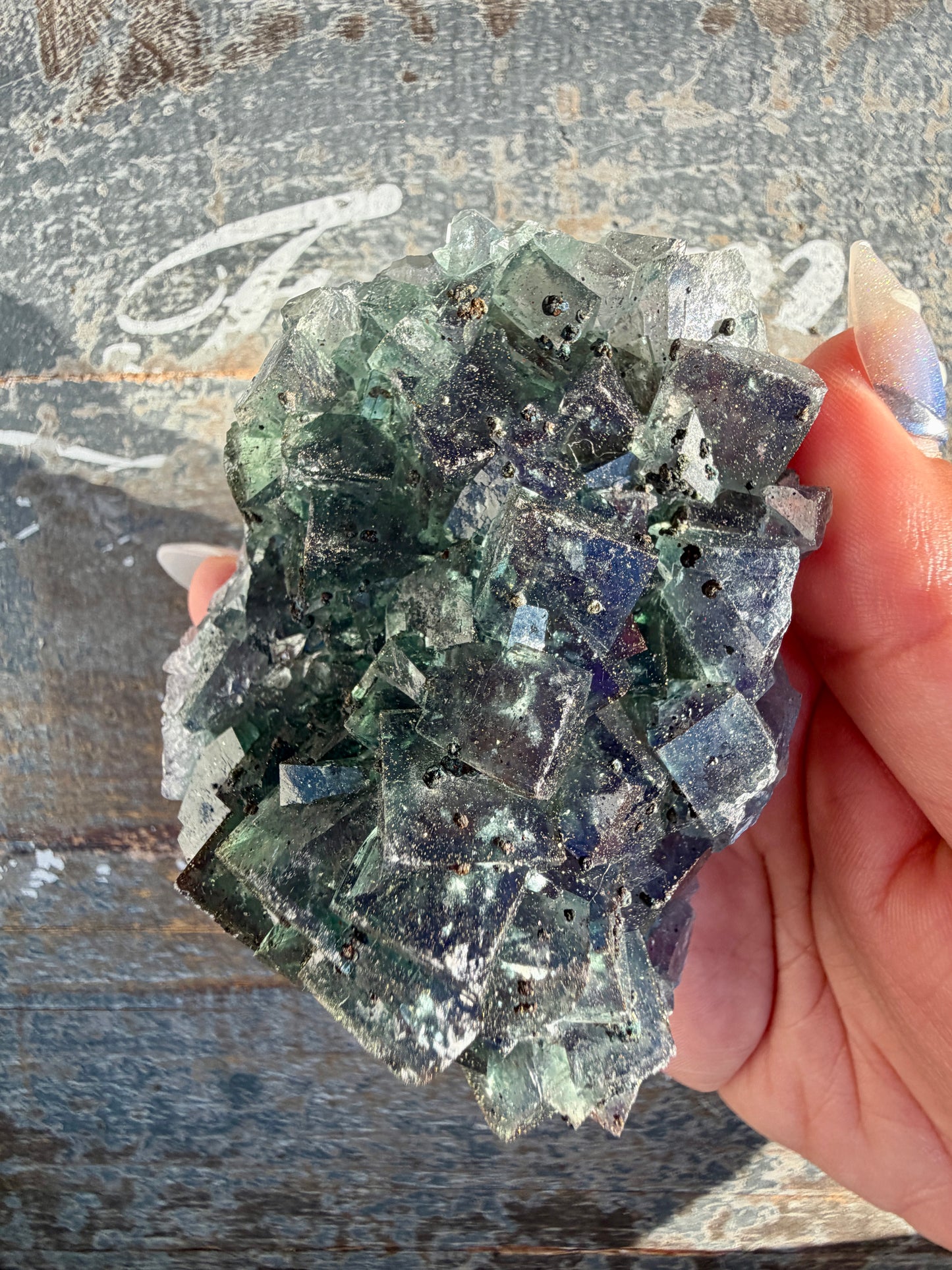 Gorgeous Cubic Dark Blue/Green Fluorite Specimen coated in Pyrite | China | Opt 57