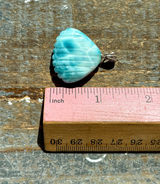 Gorgeous Larimar Hand Carved Shell Pendant from the Dominican Republic | 925 Sterling Silver