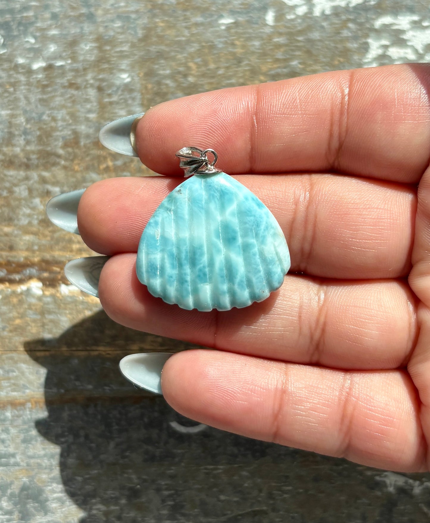 Gorgeous Larimar Hand Carved Shell Pendant from the Dominican Republic | 925 Sterling Silver