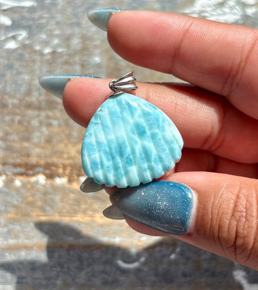 Gorgeous Larimar Hand Carved Shell Pendant from the Dominican Republic | 925 Sterling Silver