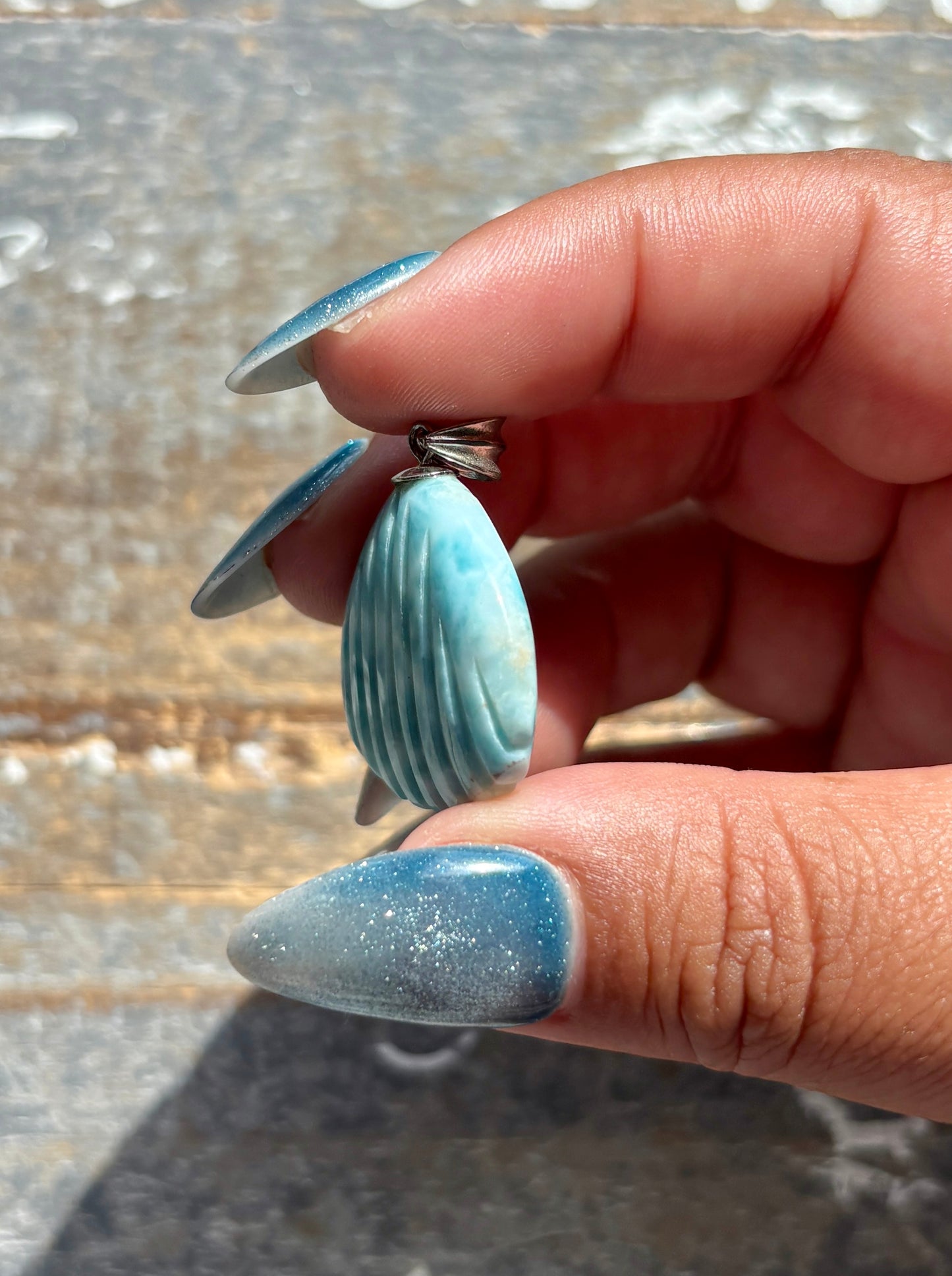 Gorgeous Larimar Hand Carved Shell Pendant from the Dominican Republic | 925 Sterling Silver