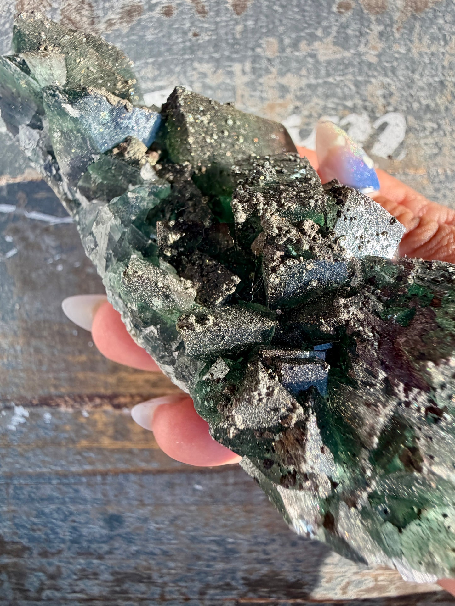 Gorgeous Cubic Dark Blue/Green Fluorite Specimen coated in Pyrite | China | Opt 56