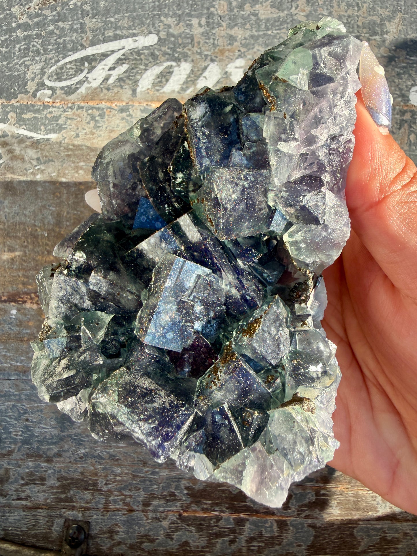 Gorgeous Cubic Dark Blue/Green Fluorite Specimen coated in Pyrite | China | Opt 49