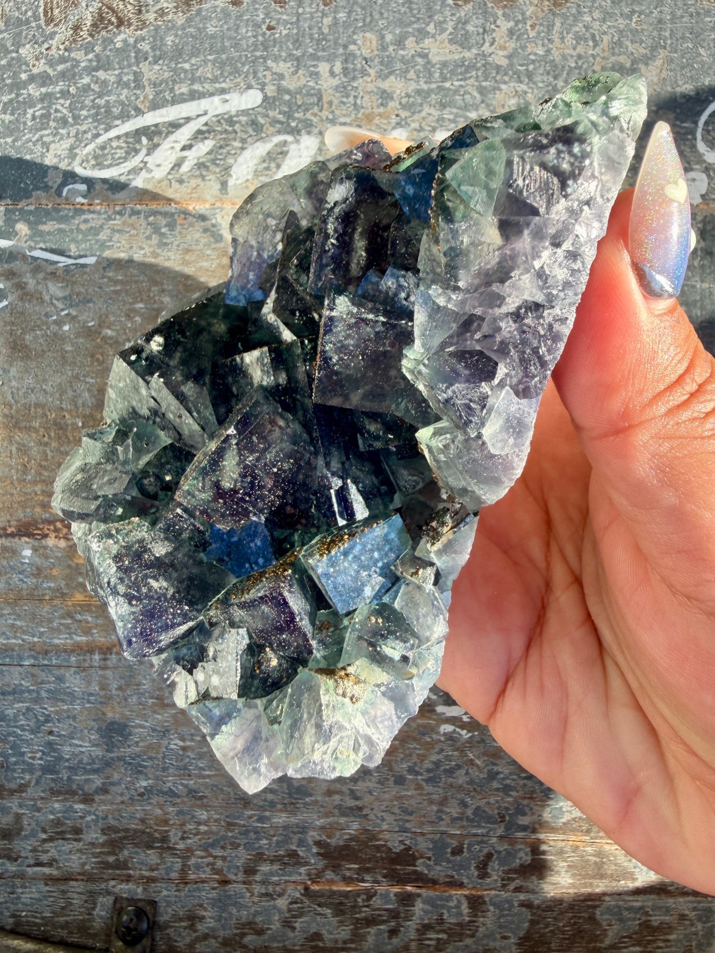 Gorgeous Cubic Dark Blue/Green Fluorite Specimen coated in Pyrite | China | Opt 49